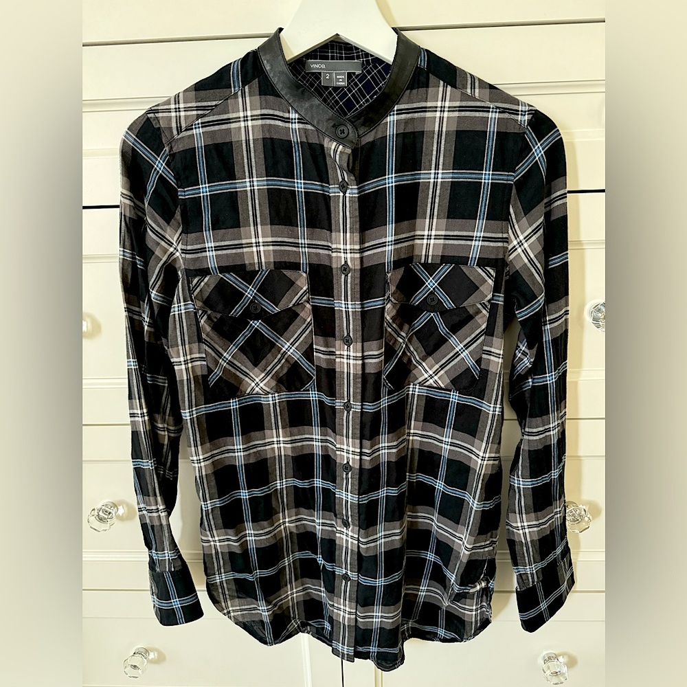 VINCE PLAID BUTTON DOWN, LEATHER COLLAR DETAIL AND CONTRAST CUFF FABRIC, SIZE 2
